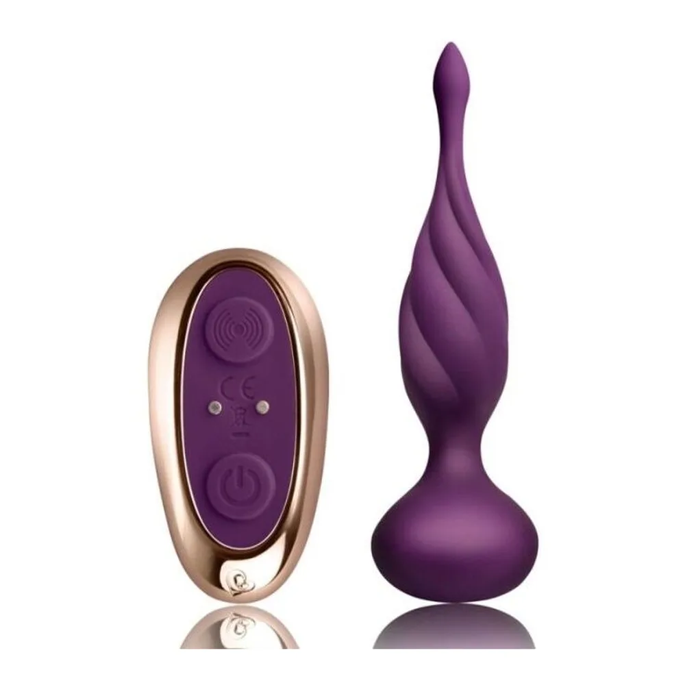 Stimulateur anal noir en silicone avec corps effilé tenu en main, base évasée et pointe fine, sur fond blanc
