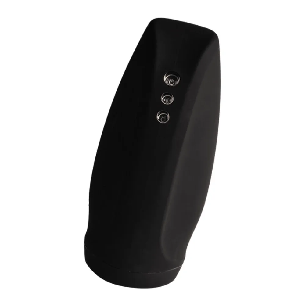 Masturbateur automatique noir en silicone, forme ergonomique incurvée avec trois boutons de commande sur la face avant, fond blanc