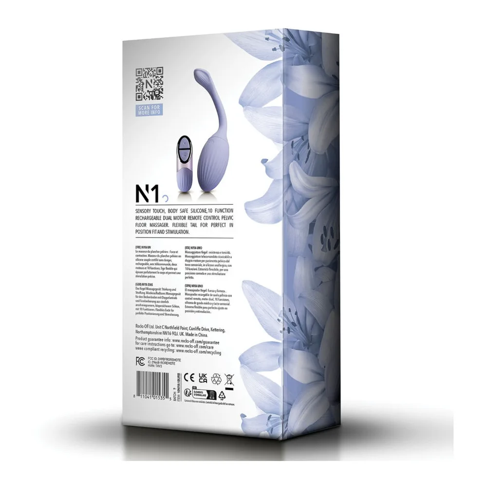 Emballage du masseur pelvien Niya N1 en violet lavande, montrant le produit avec sa queue flexible sur la face avant, boîte blanche et noire sur fond gris