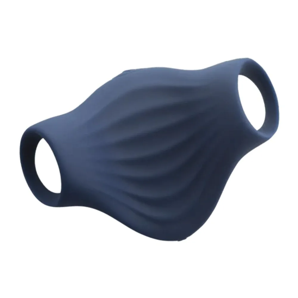 Masturbateur bleu marine en silicone flexible avec poignées ovales, ondulations centrales visibles, fond blanc