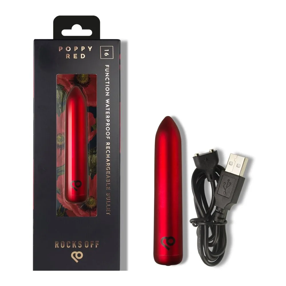 Bullet rouge vif recouvert de gouttelettes, cylindrique et légèrement pointu, arborant un logo discret à la base sur fond blanc