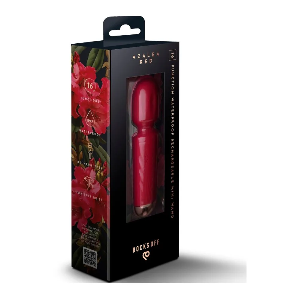 Wand noir en silicone avec tête arrondie et corps texturé, base rose clair, symbole de pouvoir gravé sur le corps, sur fond blanc