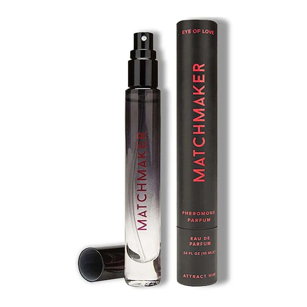 Flacon vaporisateur en verre teinté de parfum aux phéromones Matchmaker, 10 ml, à côté de son étui cylindrique noir et rouge, avec bouchon pulvérisateur noir