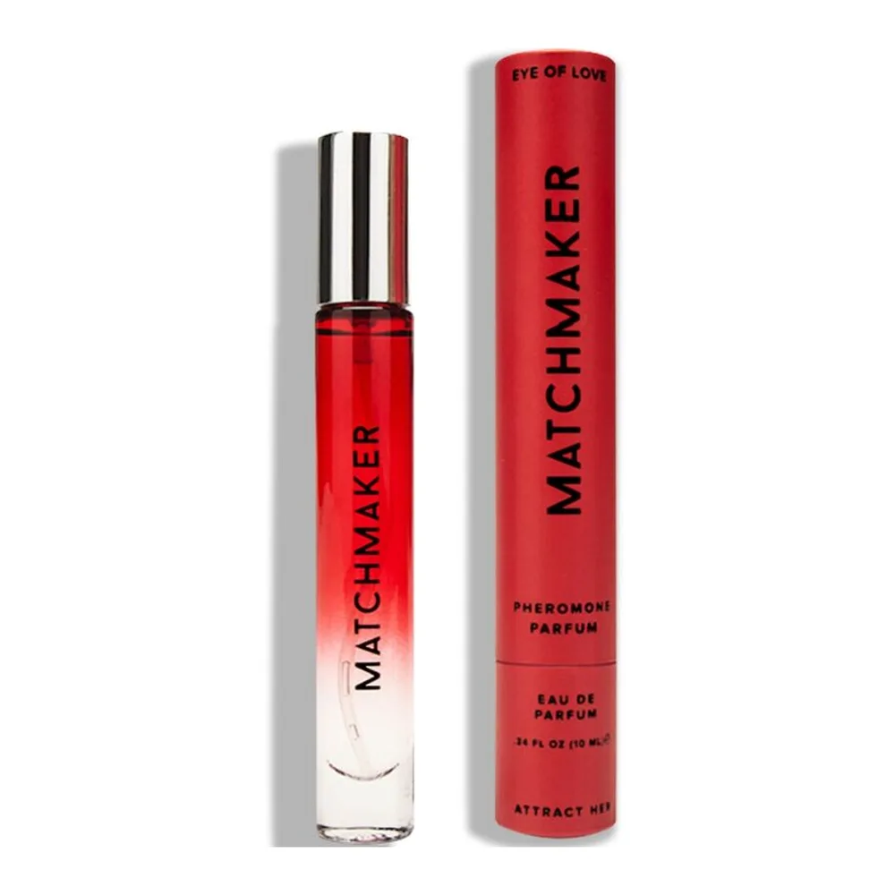 Flacon de parfum aux phéromones Matchmaker rouge de 10 ml avec bouchon chromé, et sa boîte cylindrique rouge « Eye of Love » inscrite « Pheromoni Parfum »