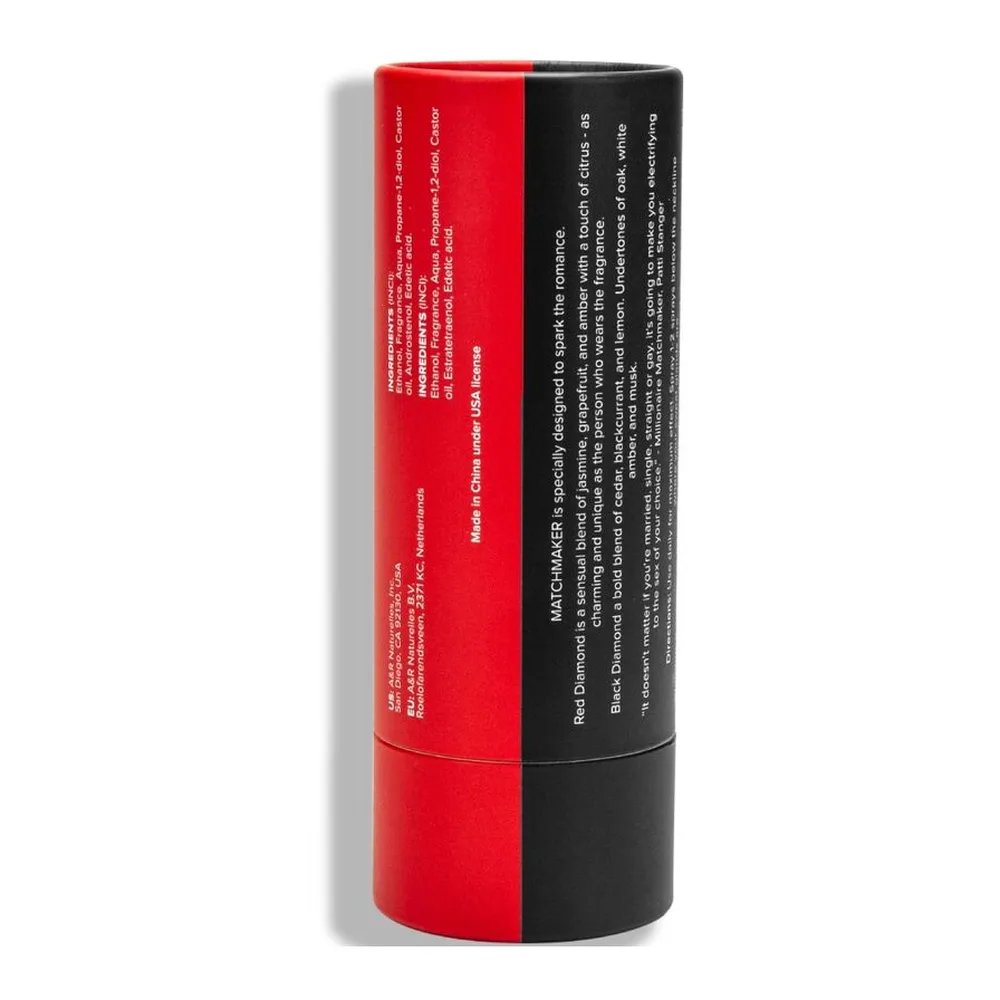 Emballage cylindrique bicolore rouge et noir du coffret Matchmaker Set Couples, présentant deux flacons de 10 ml dos à dos