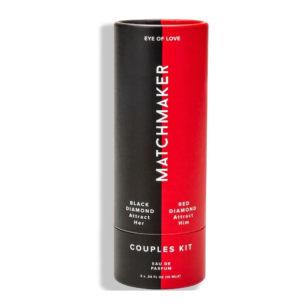 Emballage cylindrique bicolore rouge et noir du coffret Matchmaker Set Couples, présentant deux flacons de 10 ml dos à dos
