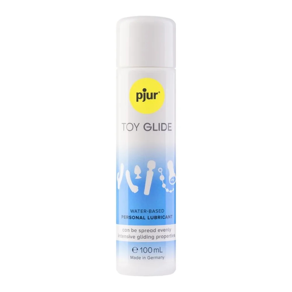 Flacon blanc de lubrifiant Toy Glide pjur avec logo jaune, étiquette bleue, contenance 100 mL, base aqueuse, fabrication allemande