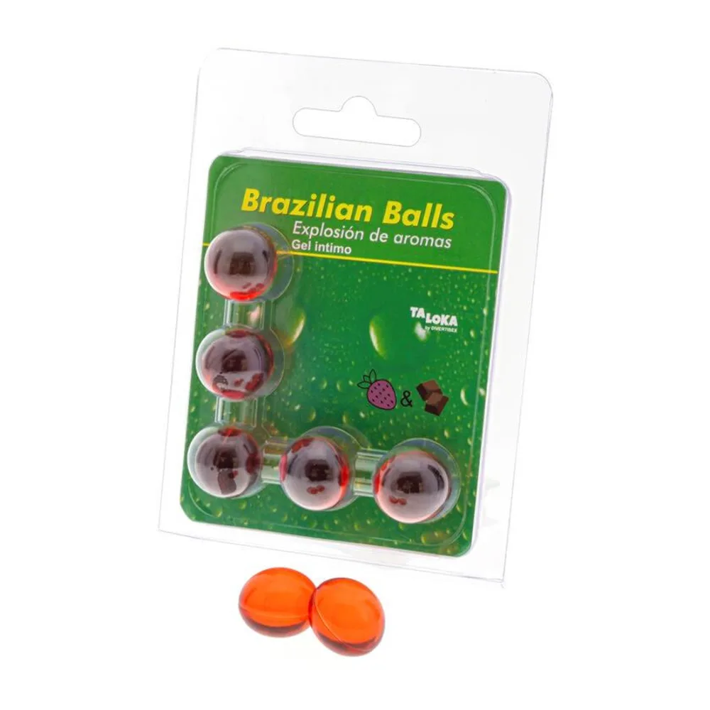 Emballage blister de boules brésiliennes avec gel intime, fond vert, et deux boules orange détachées en avant