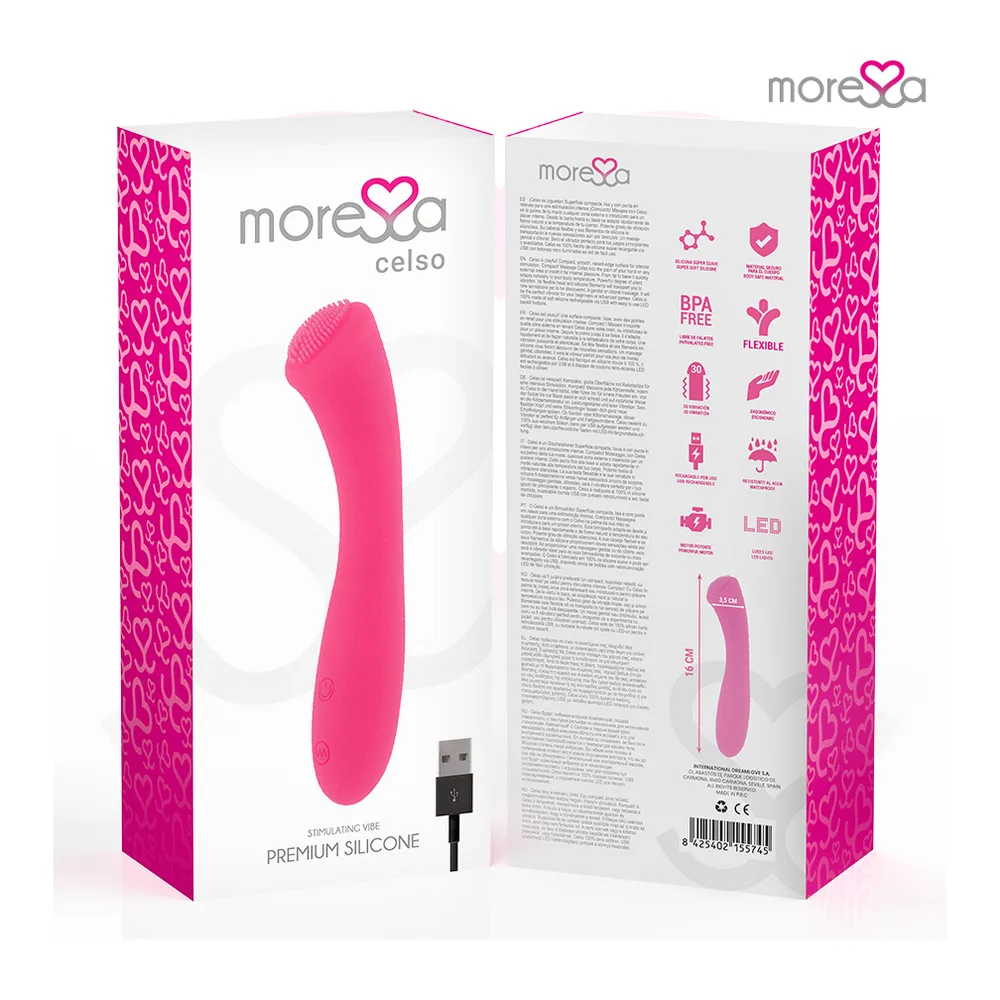 Vibromasseur rose fuchsia Celso avec tête textilée en silicone, tige courbe, sur fond blanc avec logo marque et mention vibrations intenses