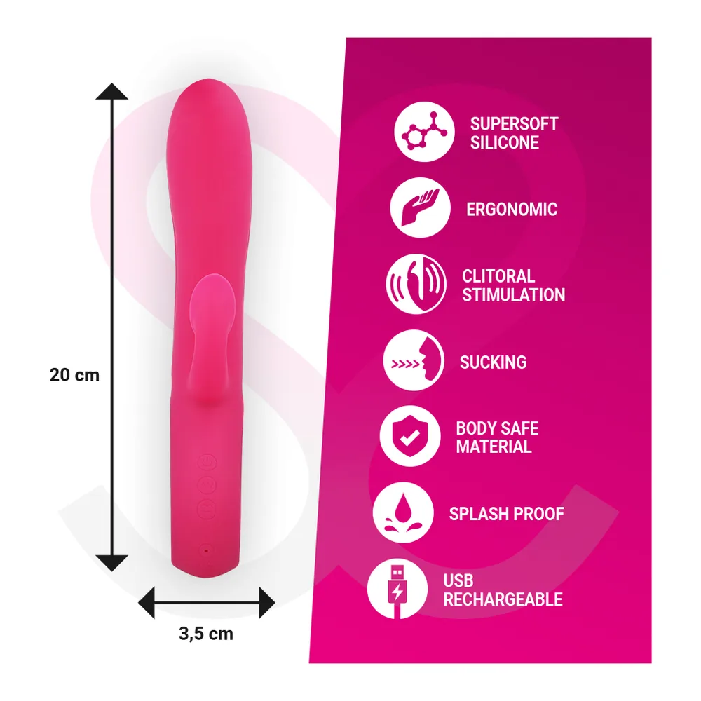 Stimulateur clitoridien Dustin rose fuchsia en silicone, avec aspiration clitoridienne et tige courbe, présenté avec son emballage rose à motif de cœurs