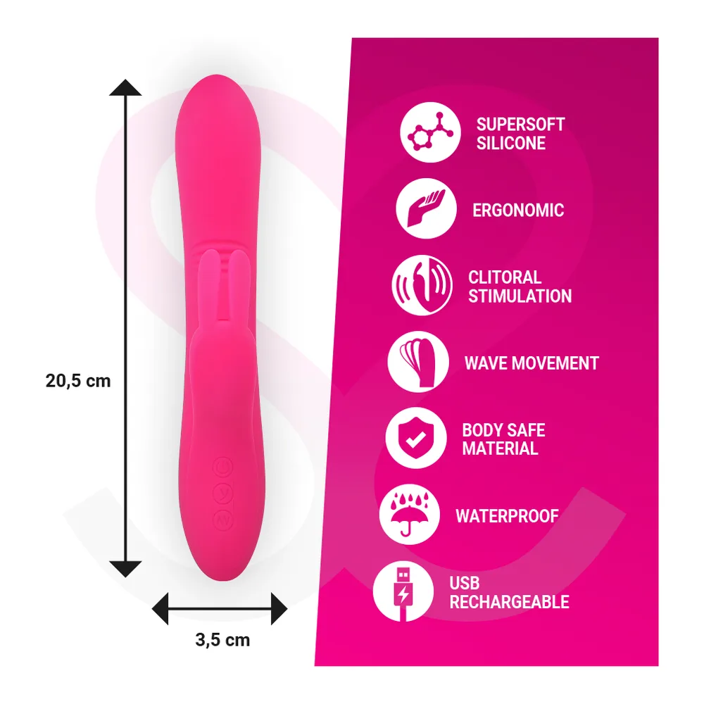 Trois vibromasseurs rabbit rose fuchsia en silicone présentés de face sur fond blanc : le premier avec branches articulées, le deuxième lisse, le troisième avec détails texturés