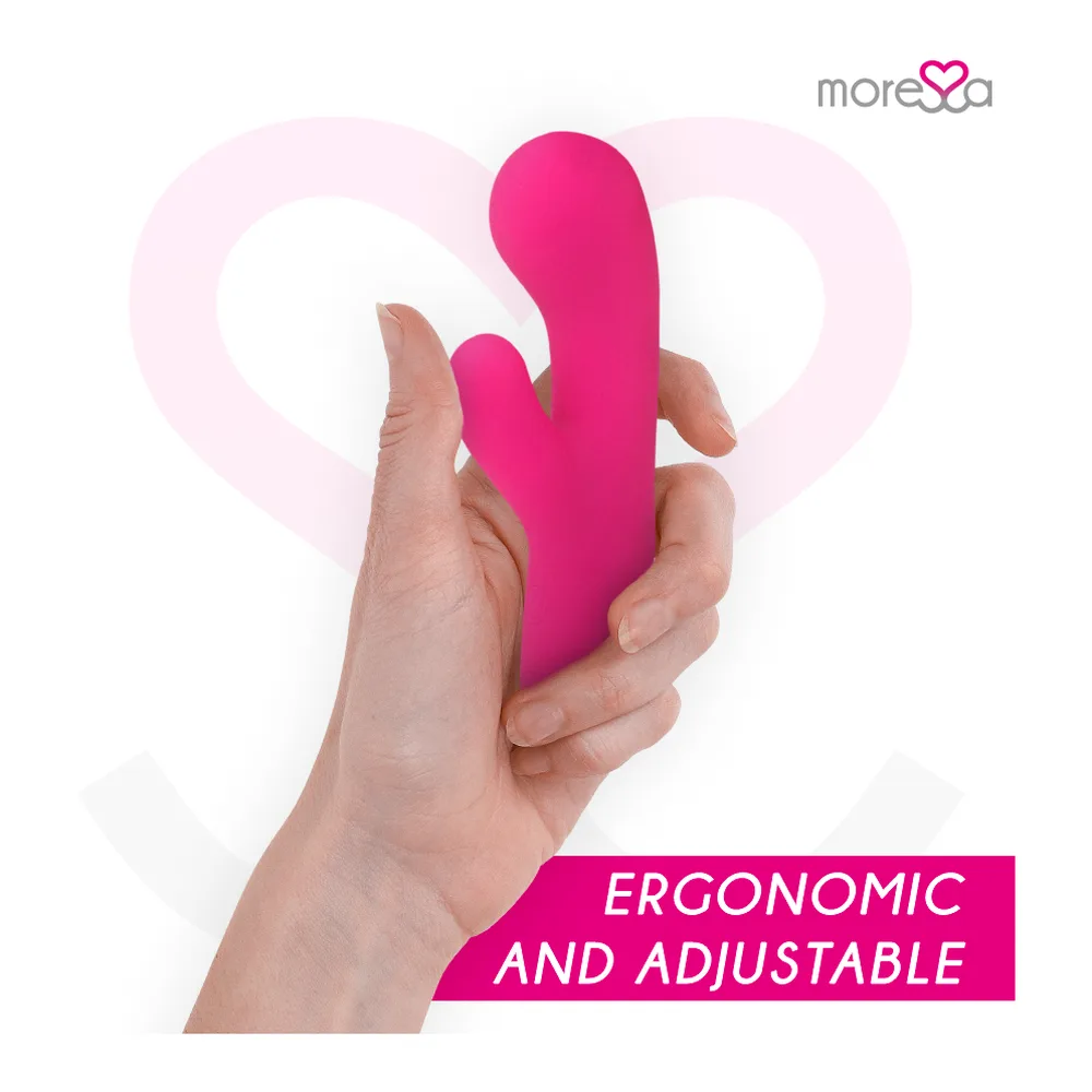 Vibromasseur en silicone rose fuchsia avec bras clitoridien épais et flexible, embout courbé, sur fond blanc avec logo Moressa