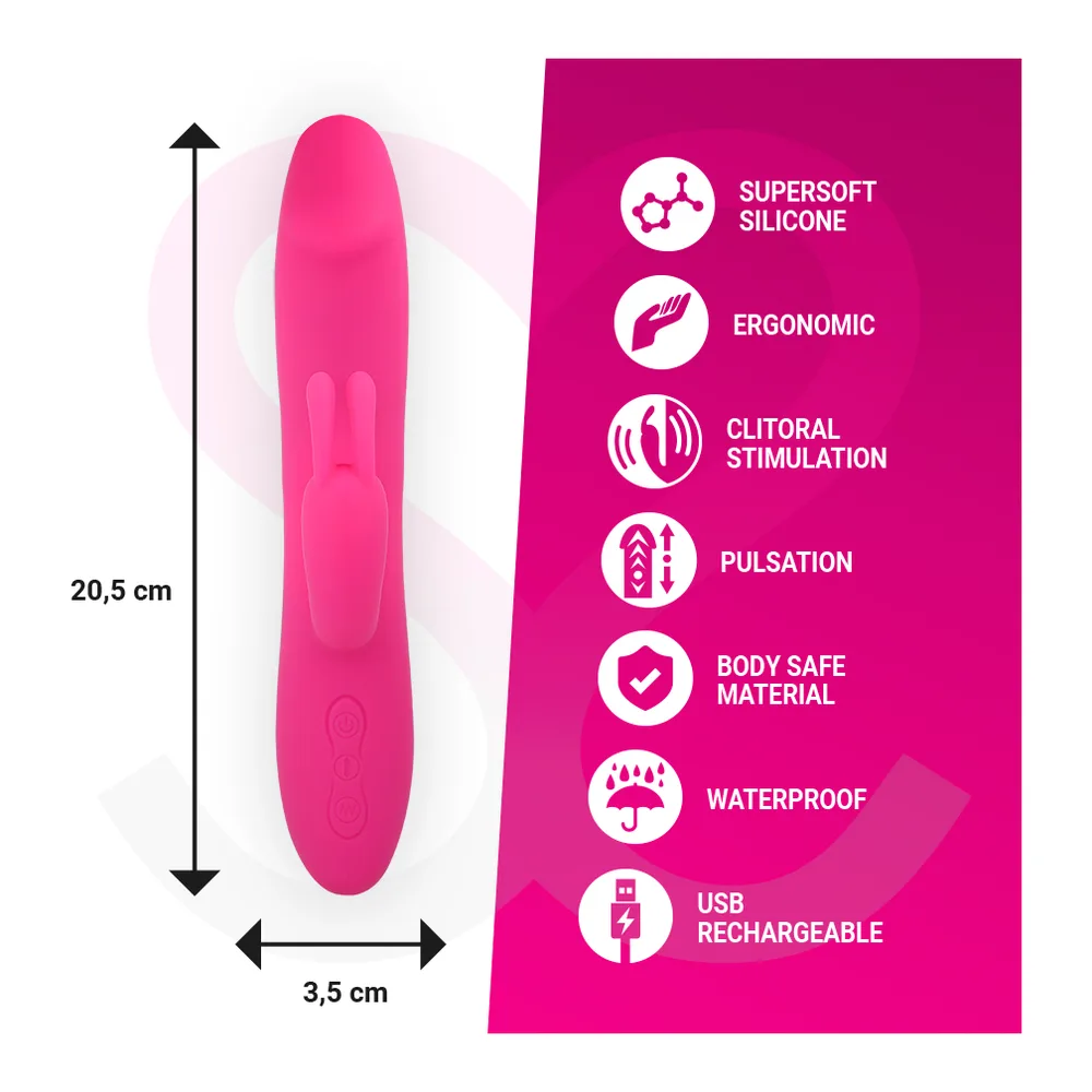 Contenu du coffret Molly Rechargeable Silicone : vibromasseur rose fuchsia en silicone avec deux bras articulés, câble USB noir, guide d'utilisation et sac de rangement en tulle gris, présenté dans une boîte intérieure blanche