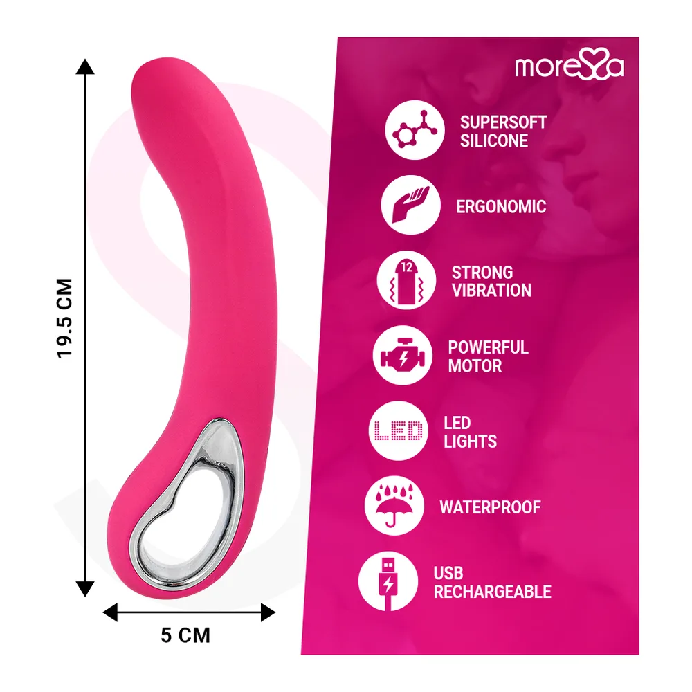 Vibromasseur Nelson en silicone rose fuchsia avec tige courbe, présenté avec son emballage blanc, sac de rangement gris et câble de charge USB