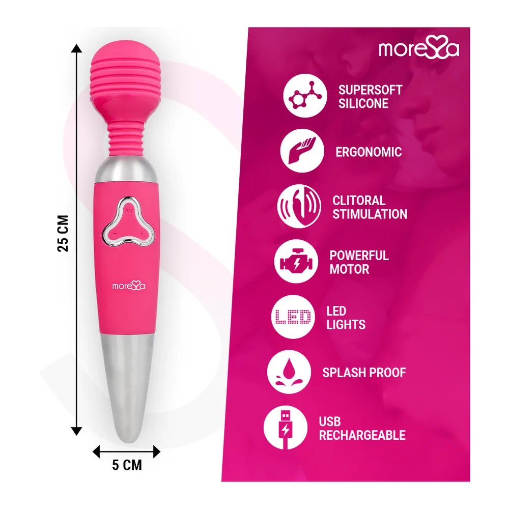 Trois wands rose fuchsia et gris de la marque Moresca avec têtes de formes différentes : rotative striée, en V, et recourbée, présentés verticalement sur fond blanc avec logo marque