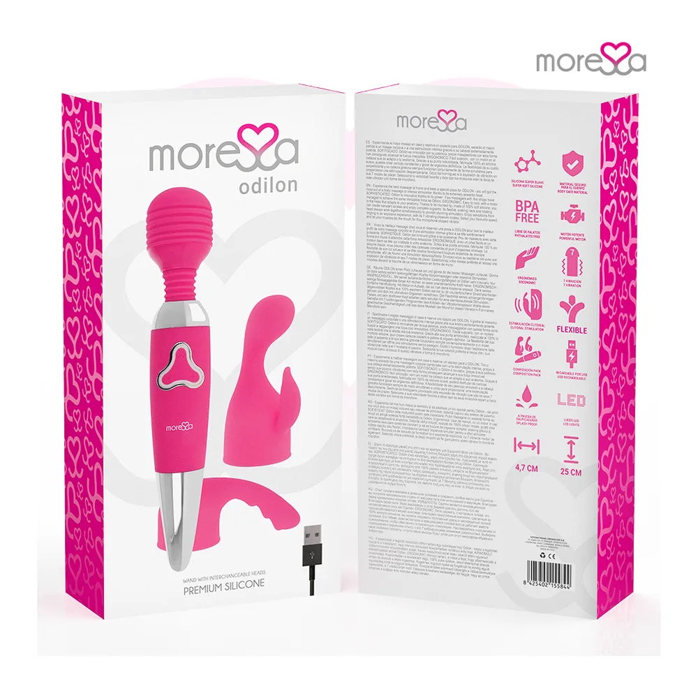 Trois wands rose fuchsia et gris de la marque Moresca avec têtes de formes différentes : rotative striée, en V, et recourbée, présentés verticalement sur fond blanc avec logo marque
