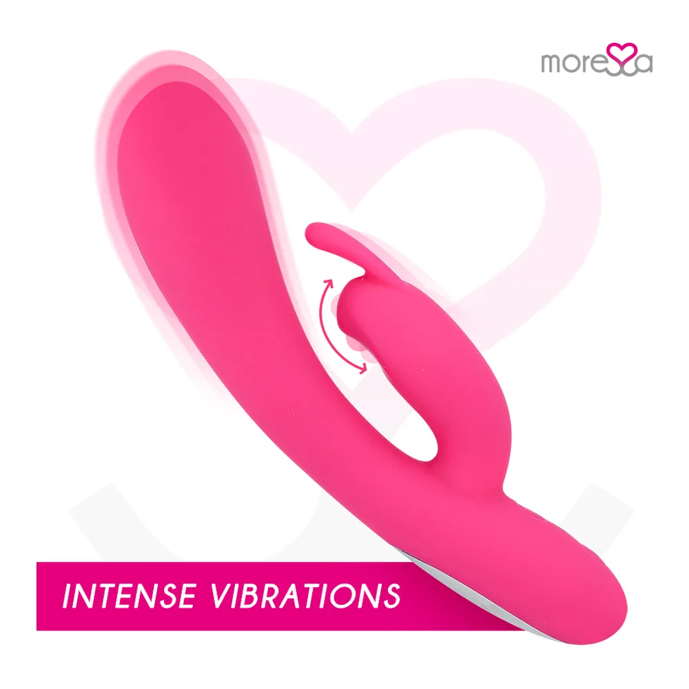 Vibromasseur rabbit en silicone rose fuchsia avec stimulateur clitoridien articulé, sur fond blanc avec logo Moressa et mention des vibrations intenses