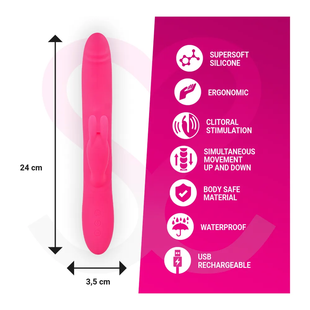 Vibromasseur rabbit en silicone rose vif avec stimulateur clitoridien en relief, présenté sur fond cœur rose pâle avec bandeau texte"Vibration and clitoral stimulation"