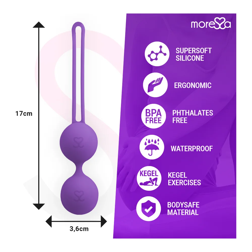 Schéma montrant trois boules de Geisha violettes reliées par des tiges : deux modèles pleins avec cordon de retrait, un modèle ouvert révélant des billes internes, sur fond rose pâle