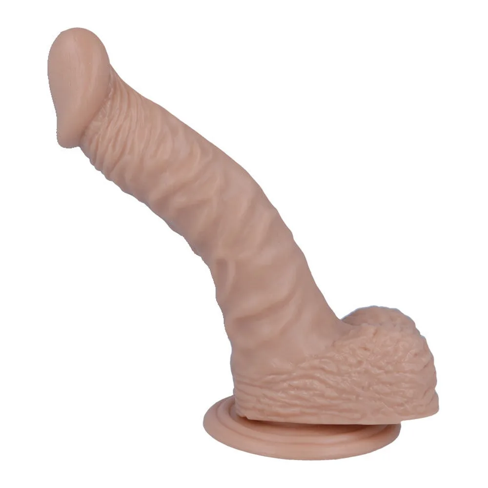 Gode réaliste en silicone beige clair, forme phallique allongée avec détails anatomiques, base de fixation circulaire plate, fond blanc