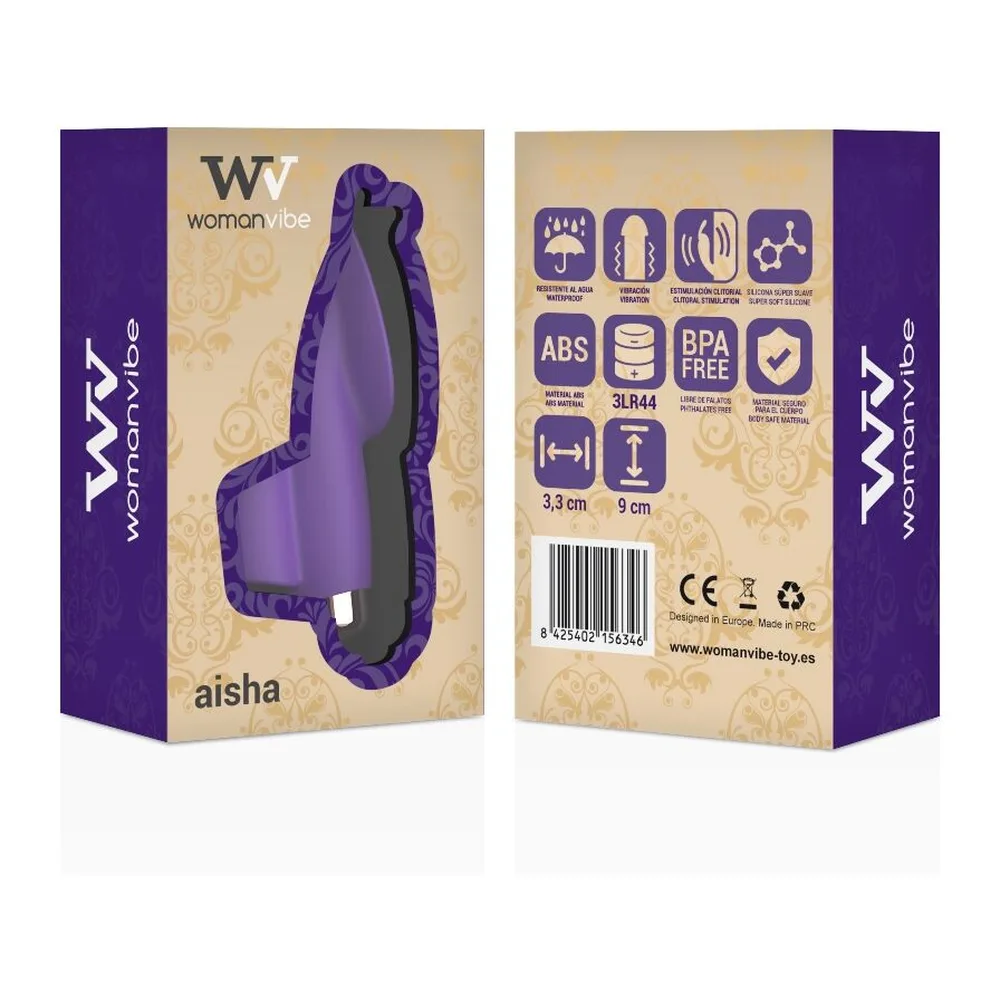 Emballage du stimulateur clitoridien Aisha en silicone violet, boîte violette et beige montrant le produit et ses caractéristiques techniques