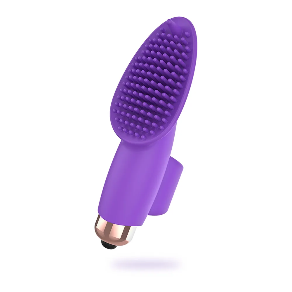 Emballage du stimulateur clitoridien Aisha en silicone violet, boîte violette et beige montrant le produit et ses caractéristiques techniques