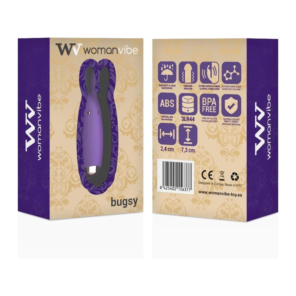 Emballage du stimulateur Bugsy de Woman Vibe, vibromasseur en silicone violet avec motif floral, montrant le produit et ses caractéristiques techniques à l'avant et l'arrière