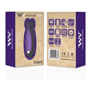Emballage du stimulateur Bugsy de Woman Vibe, vibromasseur en silicone violet avec motif floral, montrant le produit et ses caractéristiques techniques à l'avant et l'arrière