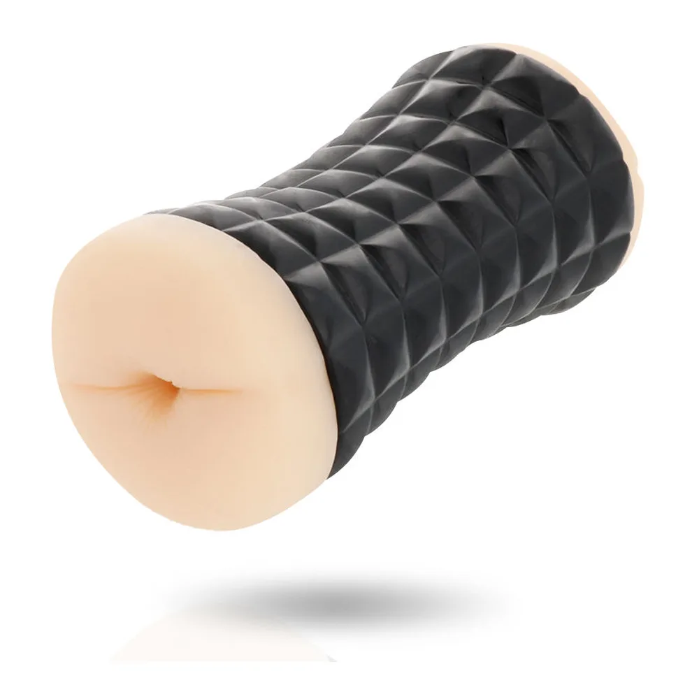 Masturbateur cylindrique avec manchon noir à motif géométrique quilté et deux extrémités en silicone couleur chair, sur fond blanc