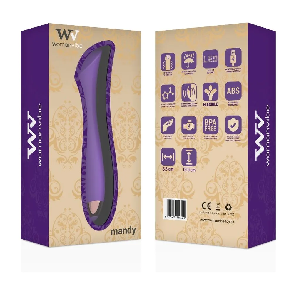 Vibromasseur violet en silicone, forme effilée et souple avec embout doré, sur fond blanc