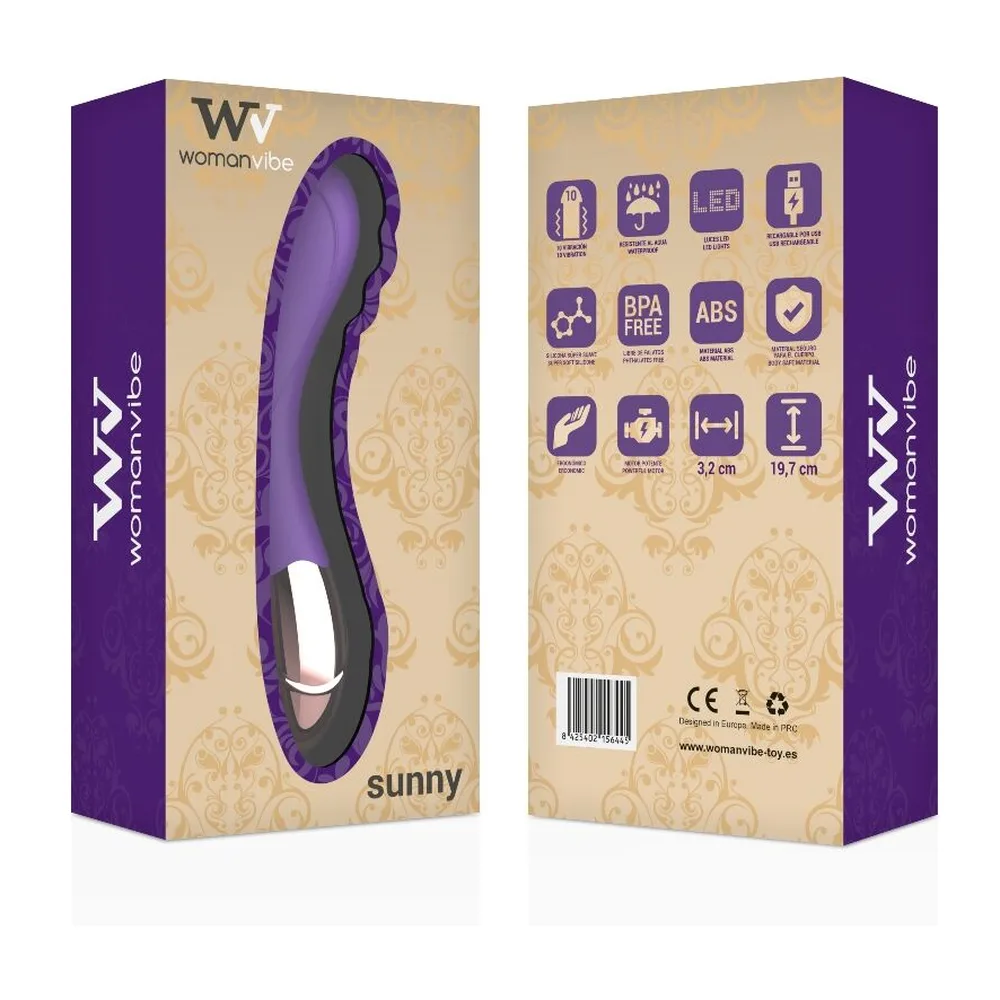 Vibromasseur en silicone violet avec tête bombée et recourbée, base métallisée rose et noire, bouton de commande intégré, fond blanc