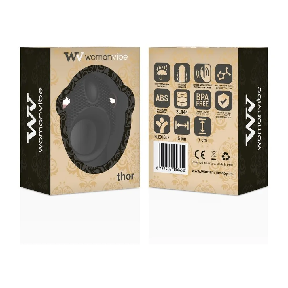 Emballage de l'anneau vibrant Thor de Woman Vibe en silicone noir avec picots, montrant le produit sous cloche transparente et les caractéristiques techniques au verso