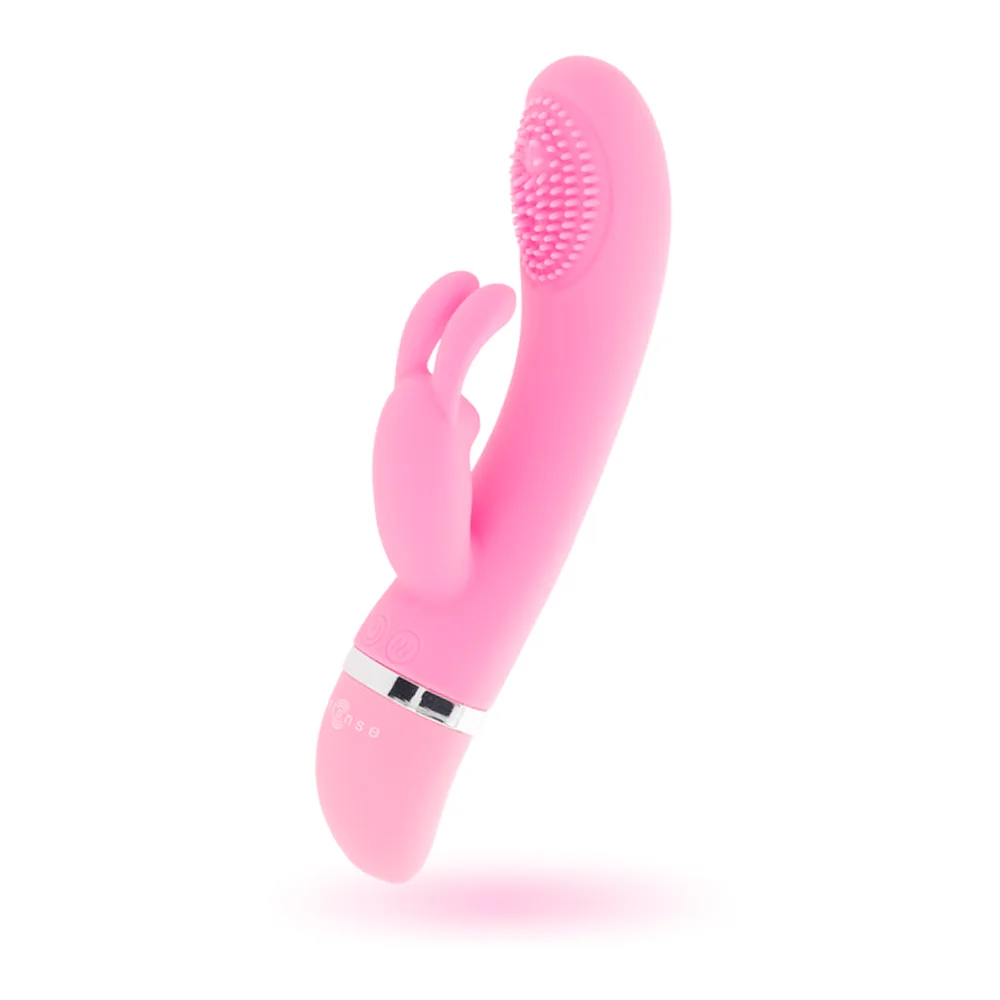 Emballage carton blanc et rose du vibromasseur Intense Susy, montrant des icônes de caractéristiques et dimensions 18,8 cm, fond dégradé bleu et jaune