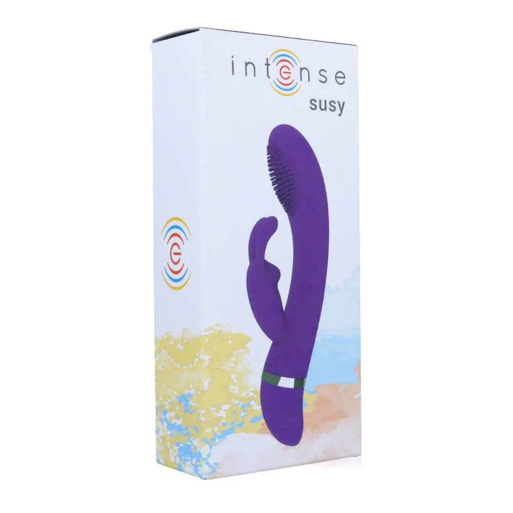 Emballage carton blanc et rose du vibromasseur Intense Susy, montrant des icônes de caractéristiques et dimensions 18,8 cm, fond dégradé bleu et jaune