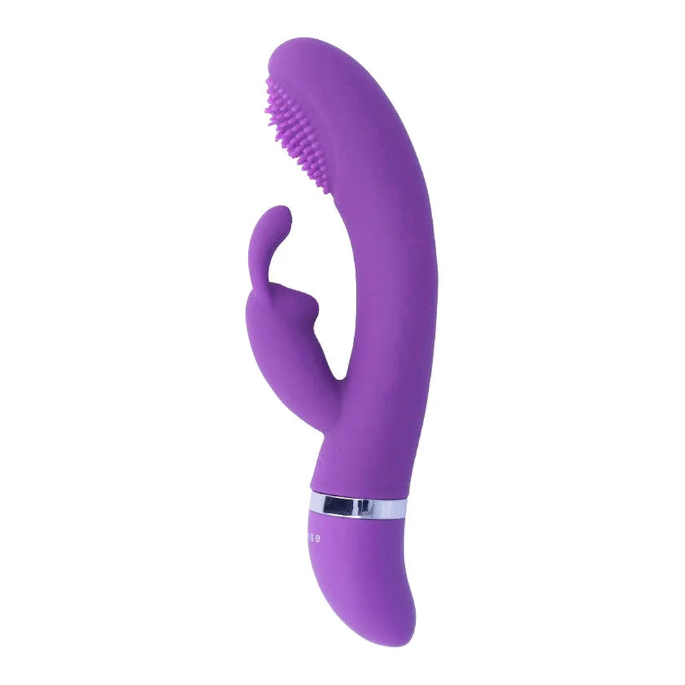 Emballage carton blanc et rose du vibromasseur Intense Susy, montrant des icônes de caractéristiques et dimensions 18,8 cm, fond dégradé bleu et jaune