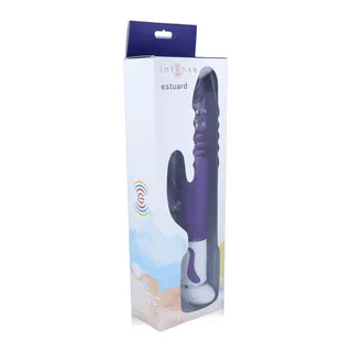 Emballage du vibrateur Estuard, boîte blanche et bleu marine affichant le produit violet avec zones texturées, pictogramme de rotation et fond paysager