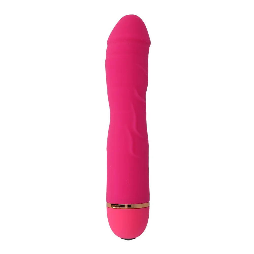 Vibromasseur rose en silicone de forme cylindrique avec extrémité arrondie, anneau doré à la base, sur fond blanc