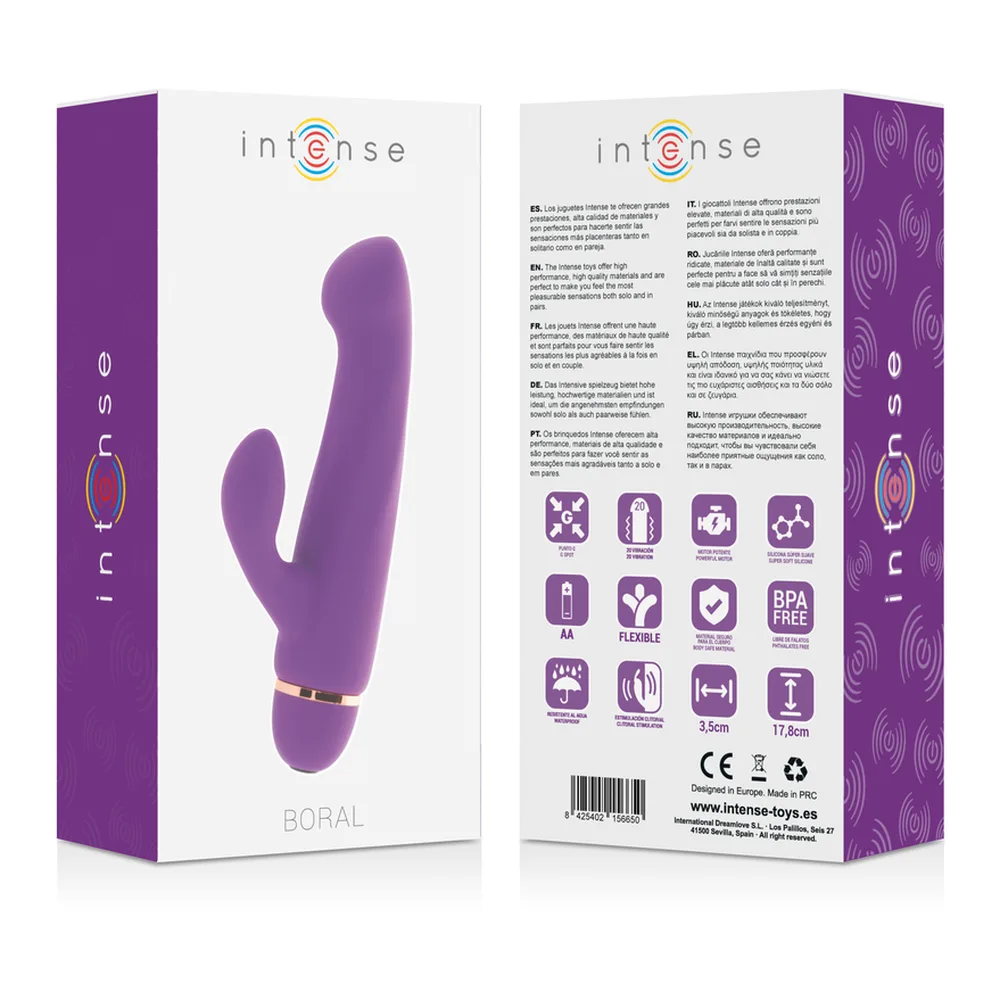 Emballage du vibromasseur rabbit Boral en silicone médical rose vif, montrant le produit face avant et l'étiquetage technique au verso avec pictogrammes et spécifications