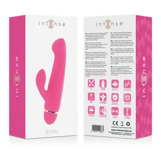 Emballage du vibromasseur rabbit Boral en silicone médical rose vif, montrant le produit face avant et l'étiquetage technique au verso avec pictogrammes et spécifications