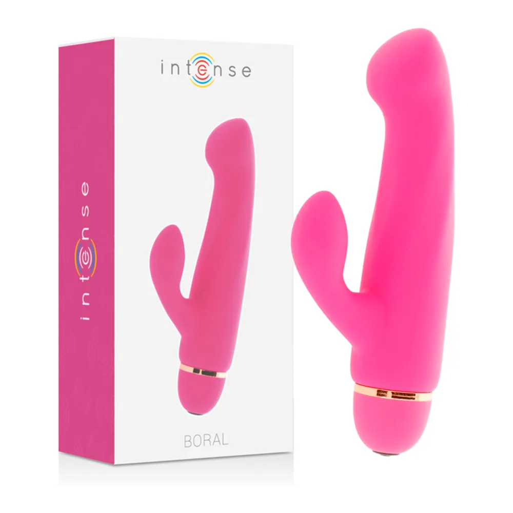 Emballage du vibromasseur rabbit Boral en silicone médical rose vif, montrant le produit face avant et l'étiquetage technique au verso avec pictogrammes et spécifications