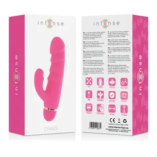 Emballage du vibromasseur rabbit Crass rose fuchsia, montrant le produit nervuré sur la face avant et les caractéristiques techniques au verso