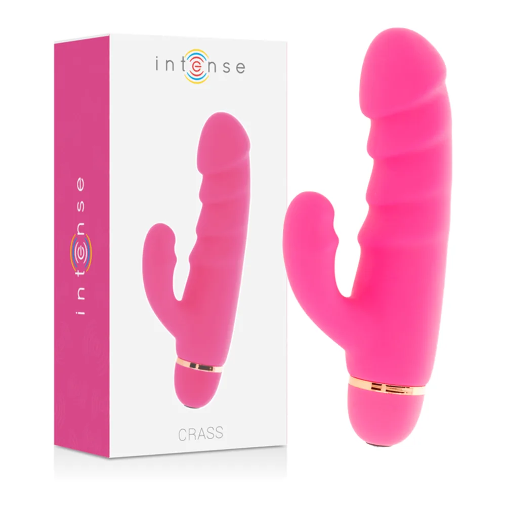 Emballage du vibromasseur rabbit Crass rose fuchsia, montrant le produit nervuré sur la face avant et les caractéristiques techniques au verso