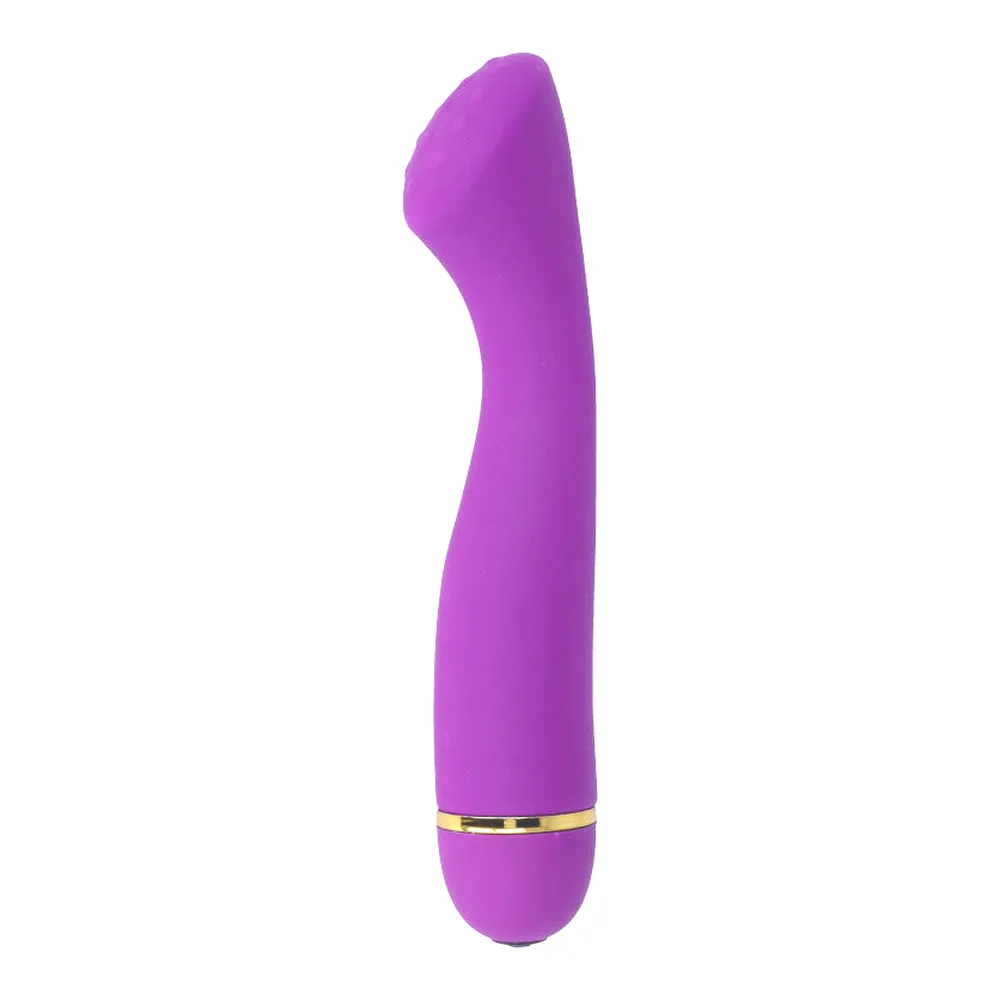 Vibromasseur rose fuchsia en silicone avec tige lisse et pointe incurvée, anneau métallique doré à la base, fond blanc