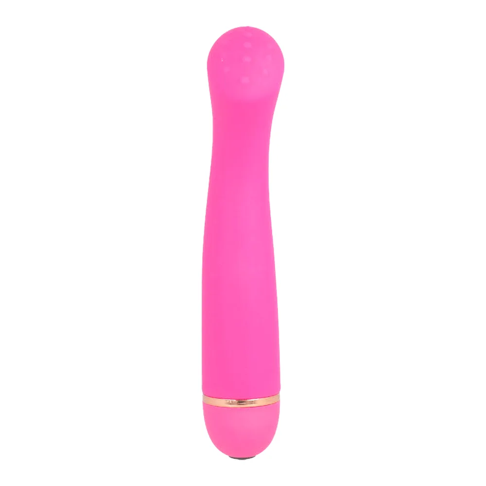Vibromasseur rose fuchsia en silicone avec tige lisse et pointe incurvée, anneau métallique doré à la base, fond blanc