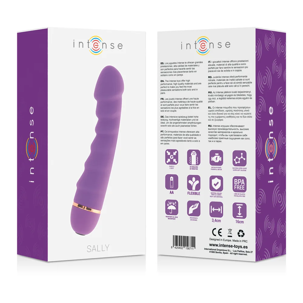 Vibromasseur en silicone violet avec tige ondulée, embout arrondi et anneau doré à la base, sur fond blanc