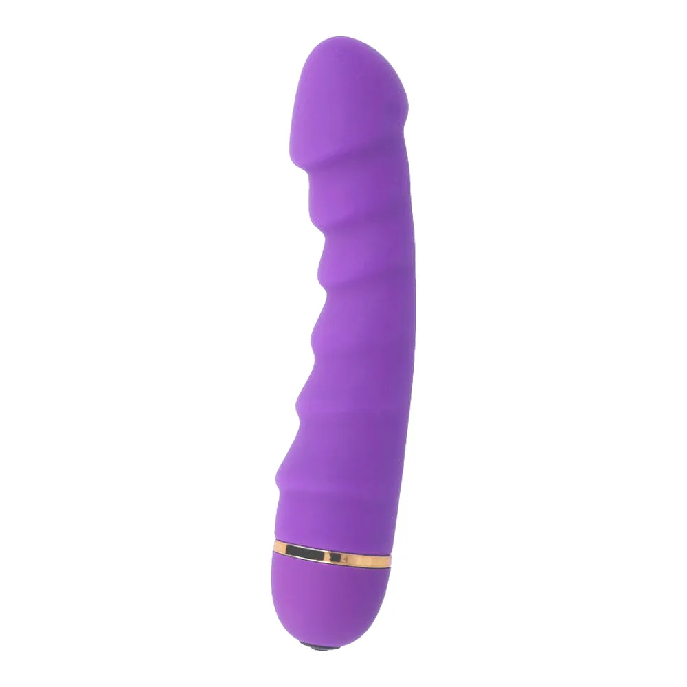 Vibromasseur en silicone violet avec tige ondulée, embout arrondi et anneau doré à la base, sur fond blanc