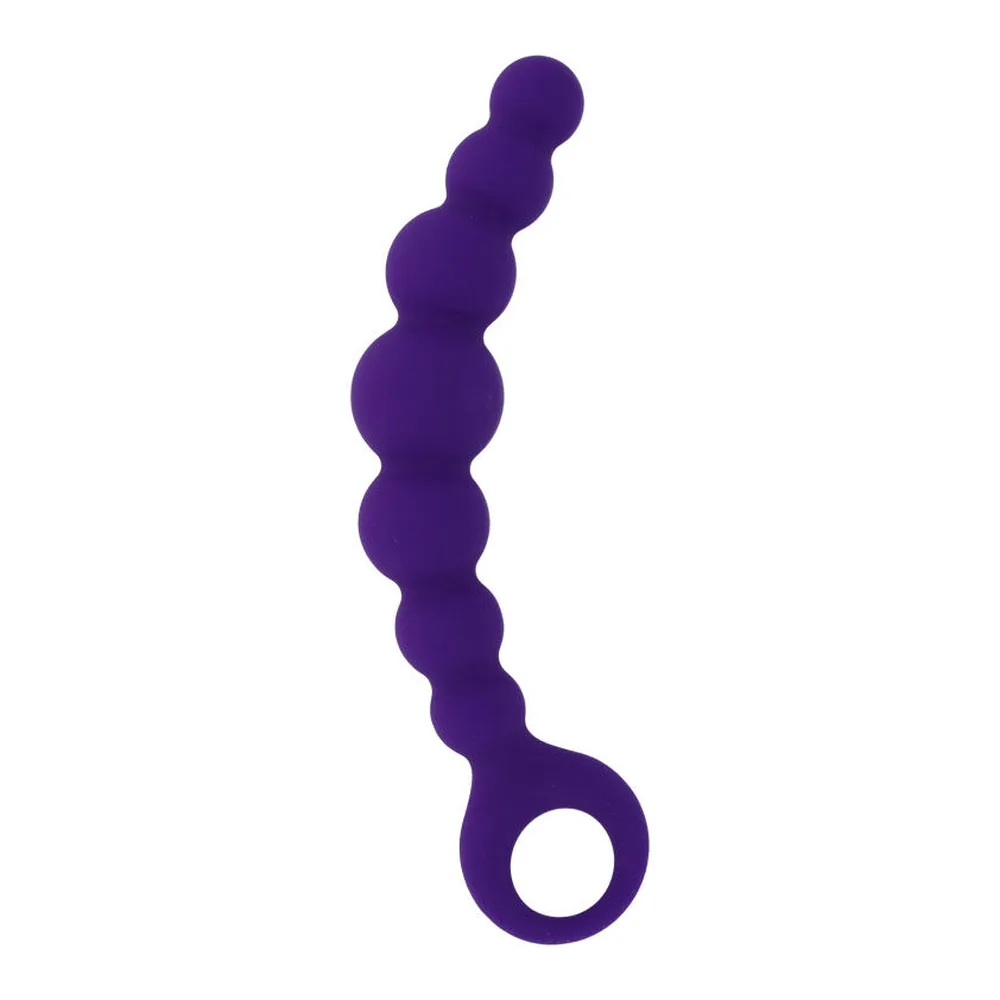 Perles anales en silicone violet foncé, huit billes progressives de tailles croissantes terminées par un anneau de retrait, sur fond blanc
