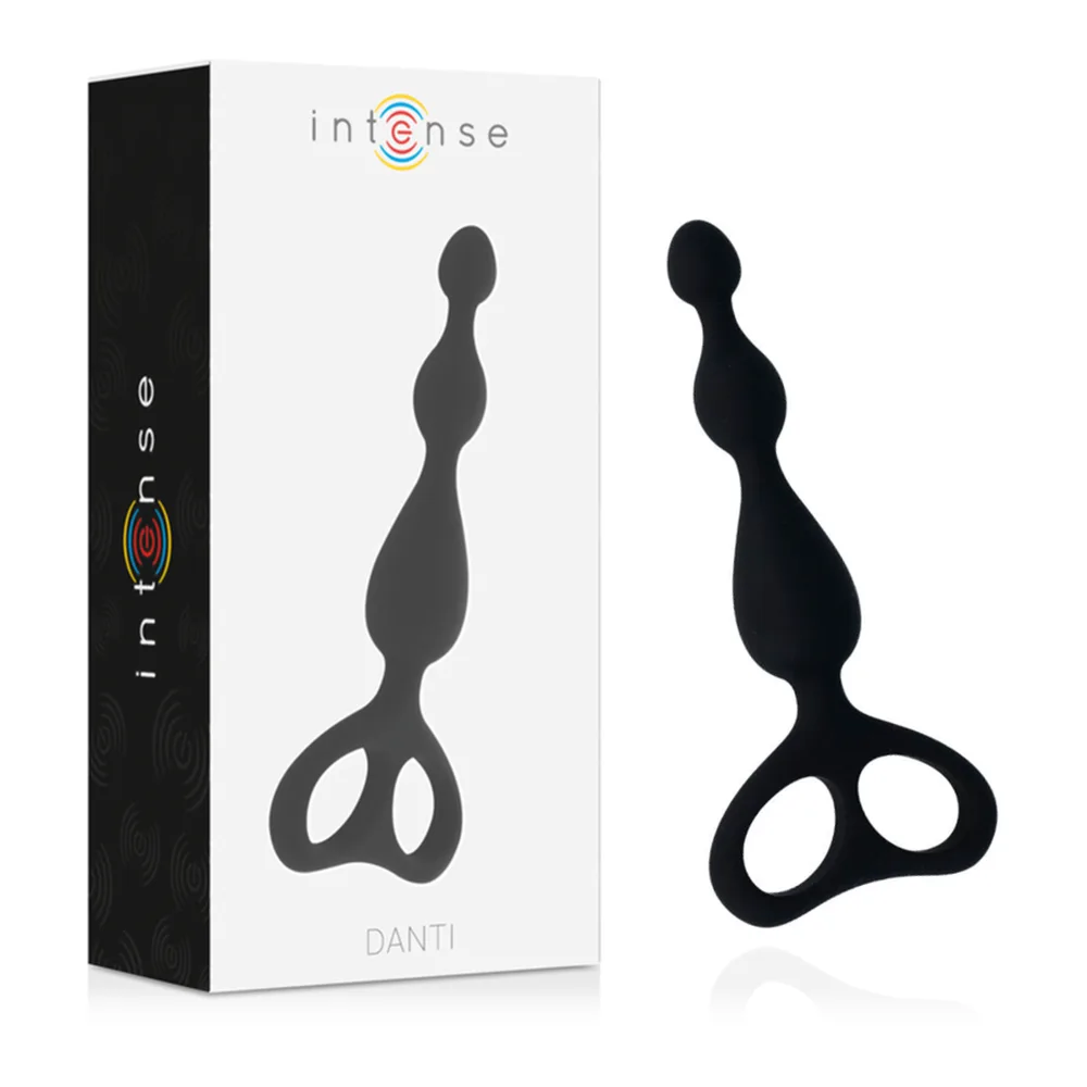 Boîte de la perle anale Danti d'Intense, silicone noir, avec trois billes graduées et double boucle de doigts, sur emballage blanc et noir