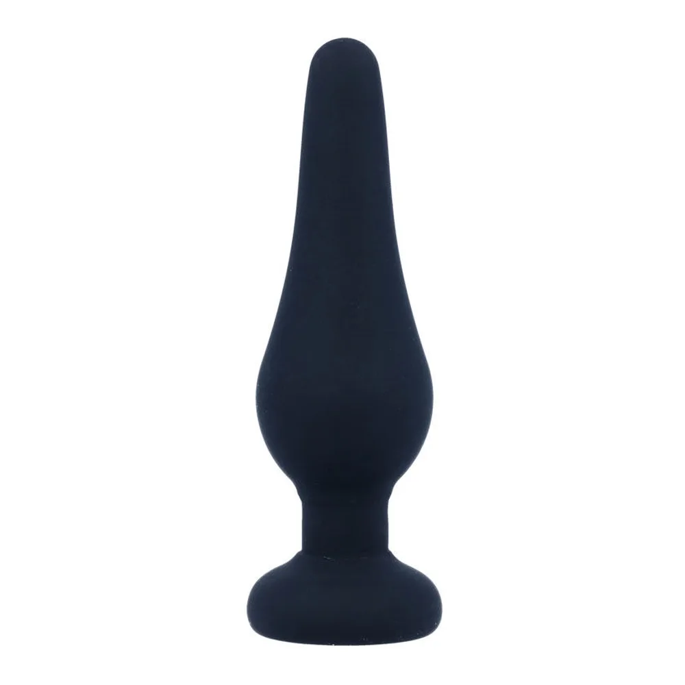 Plug anal en silicone noir sur fond blanc, forme conique avec base évasée, surface lisse et brillante