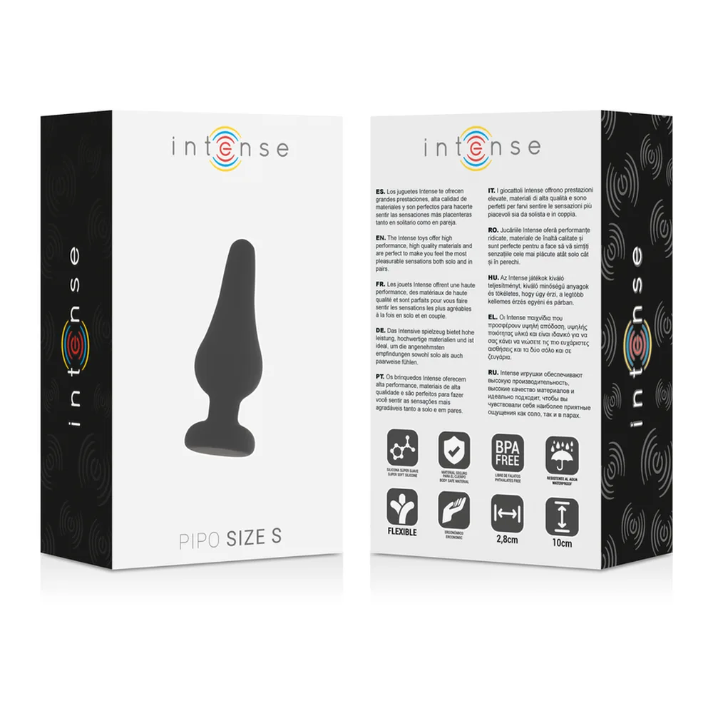 Plug anal en silicone noir sur fond blanc, forme conique avec base évasée, surface lisse et brillante